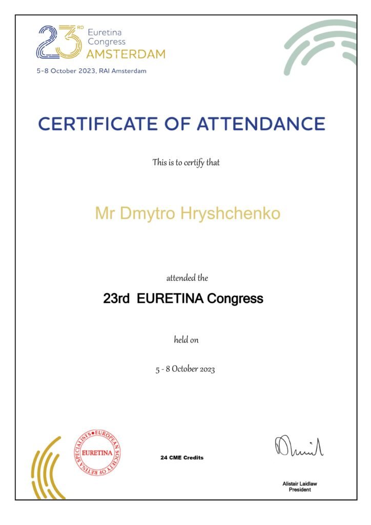 23rd Euretina Congress Certificate of Attendance